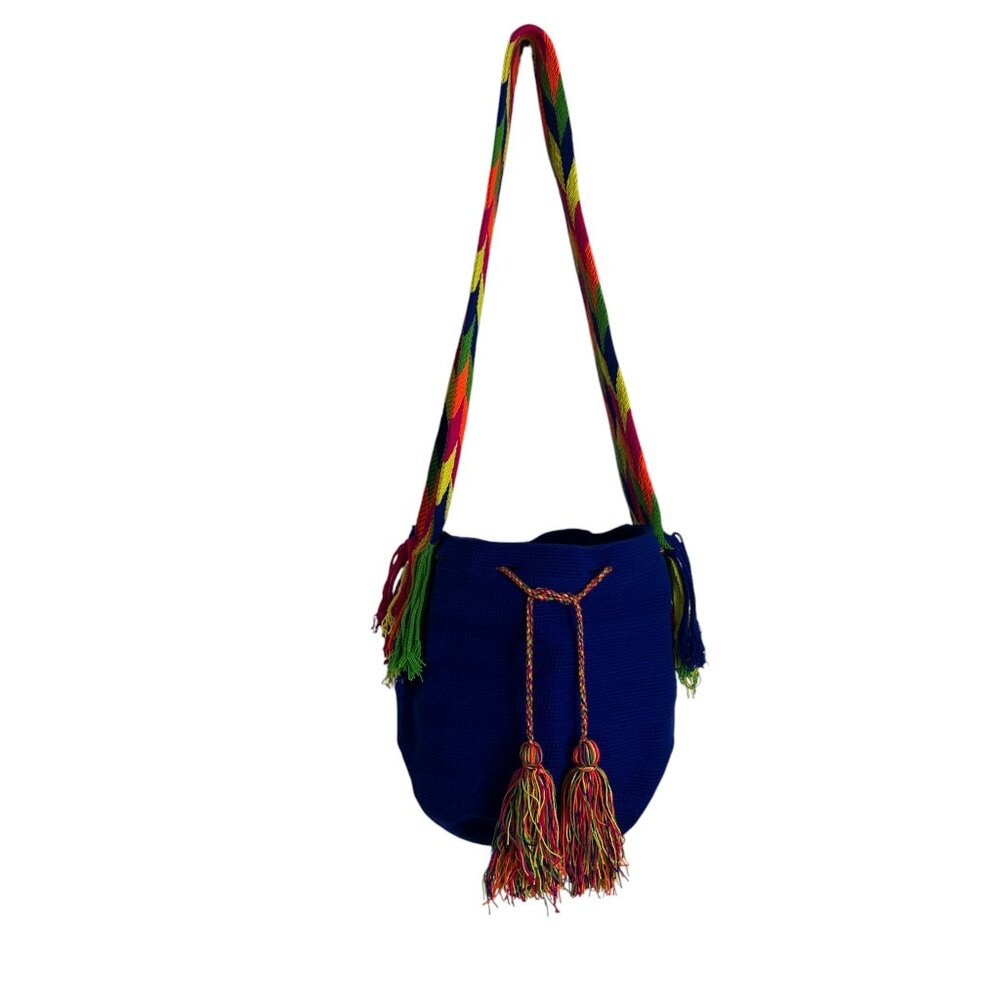 Wayuu Tribe Handwoven Crossbody Purse Bucket Bag Blue Multicolor Tribal Rainbow